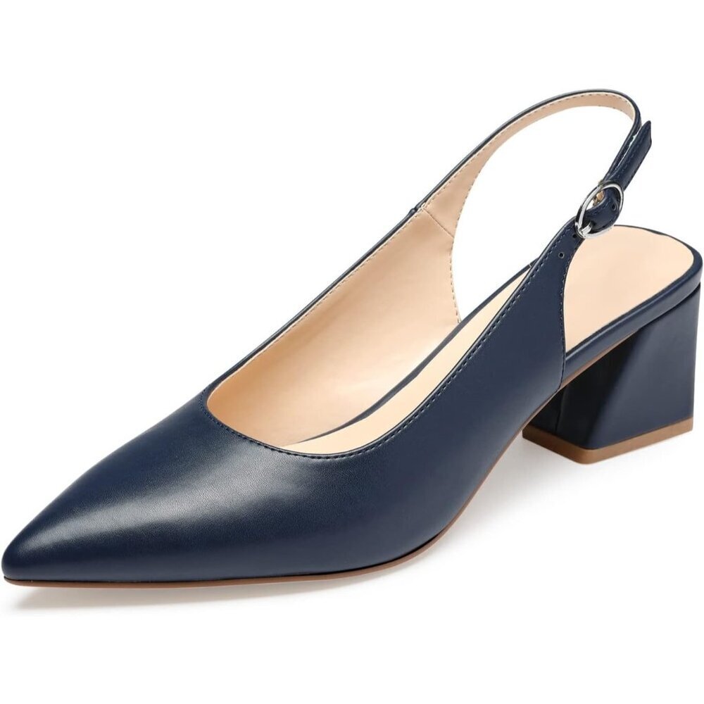 Women's Blue Slingback Closed Toe Block Chunky Low Heel Pumps Party Dress Shoes